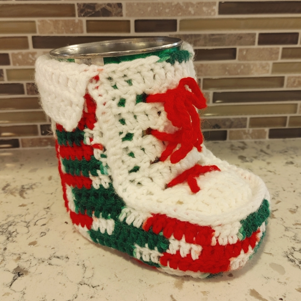 Vintage Christmas Crochet Boot Red Green White Stocking Vase Decor